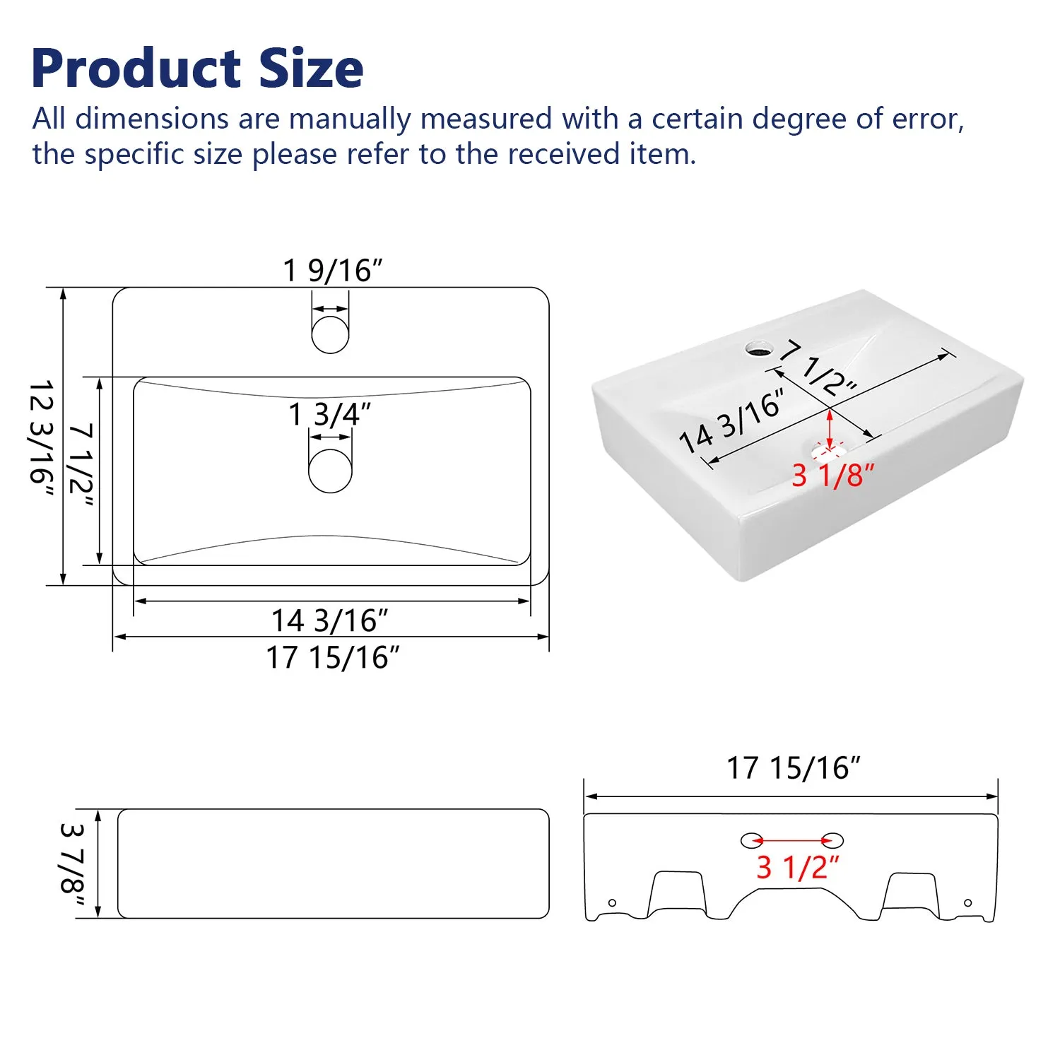 12.2" Rectangular Wall-Mount Bathroom Sink, Space-Saving