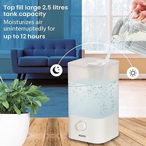 AGARO Breeze Cool Mist Ultrasonic Humidifier, Aroma Diffuser Support Essential Oil, 2.5 Litres, Top Fill, For Bedroom, Home, Office, Adjustable Mist Output, Super Quiet, Auto Shut Off (White)