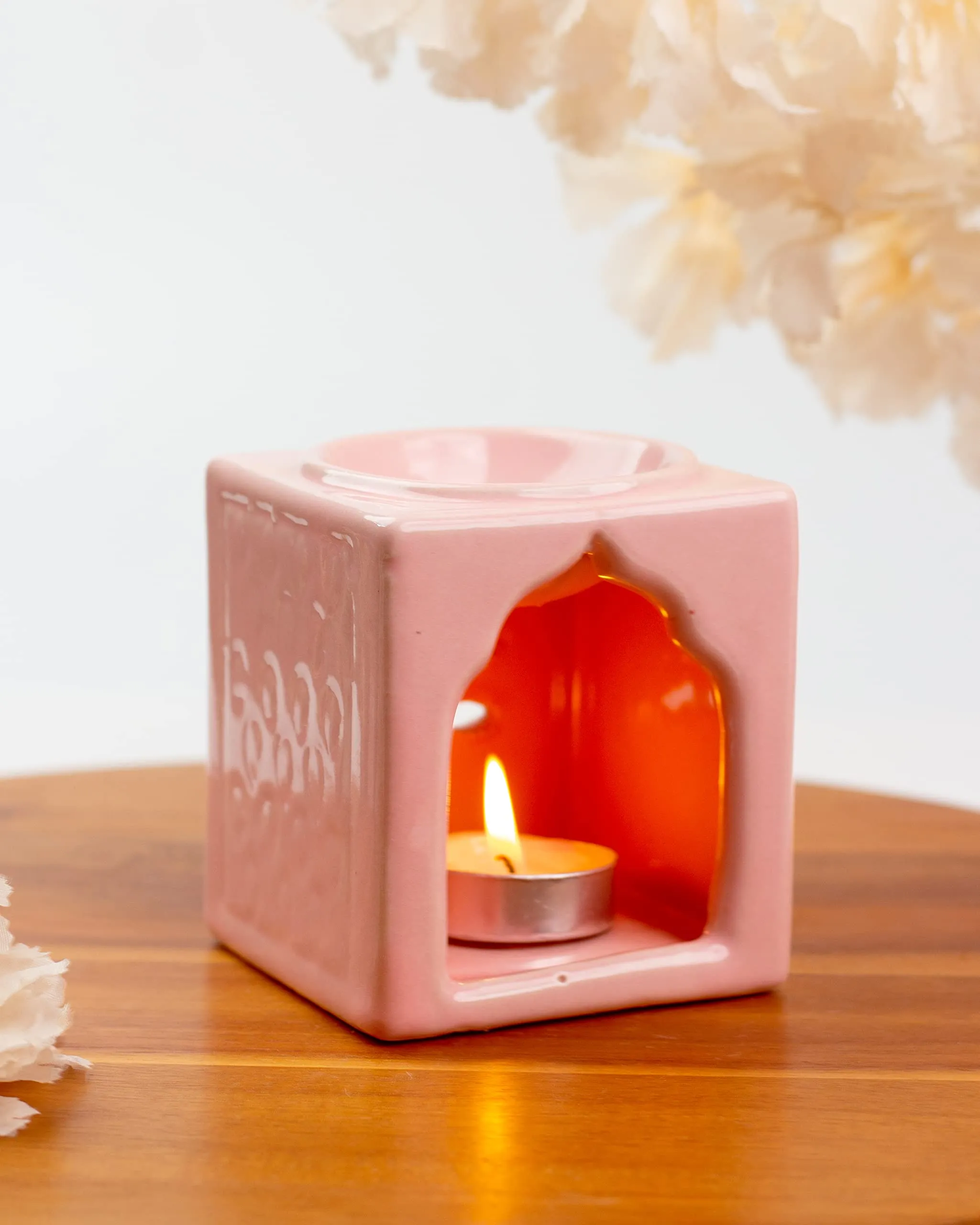 AuraDecor Handcrafted Small Ceramic Burner Square Shape with 1 T-Light Candle for Home Decorations (Pink)