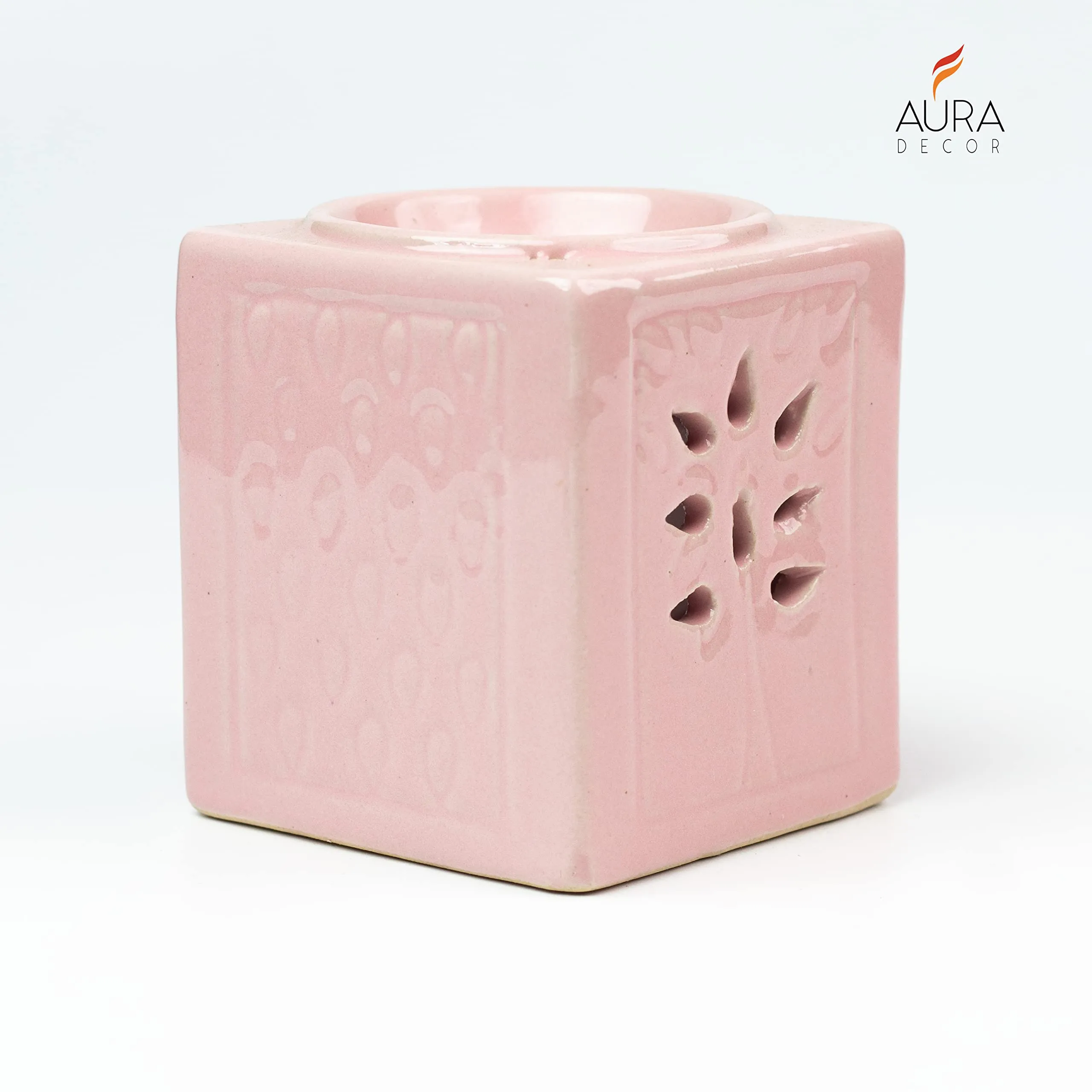 AuraDecor Handcrafted Small Ceramic Burner Square Shape with 1 T-Light Candle for Home Decorations (Pink)