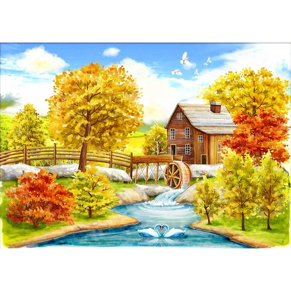 Autumn House River - Full Round Diamond - 30x40cm