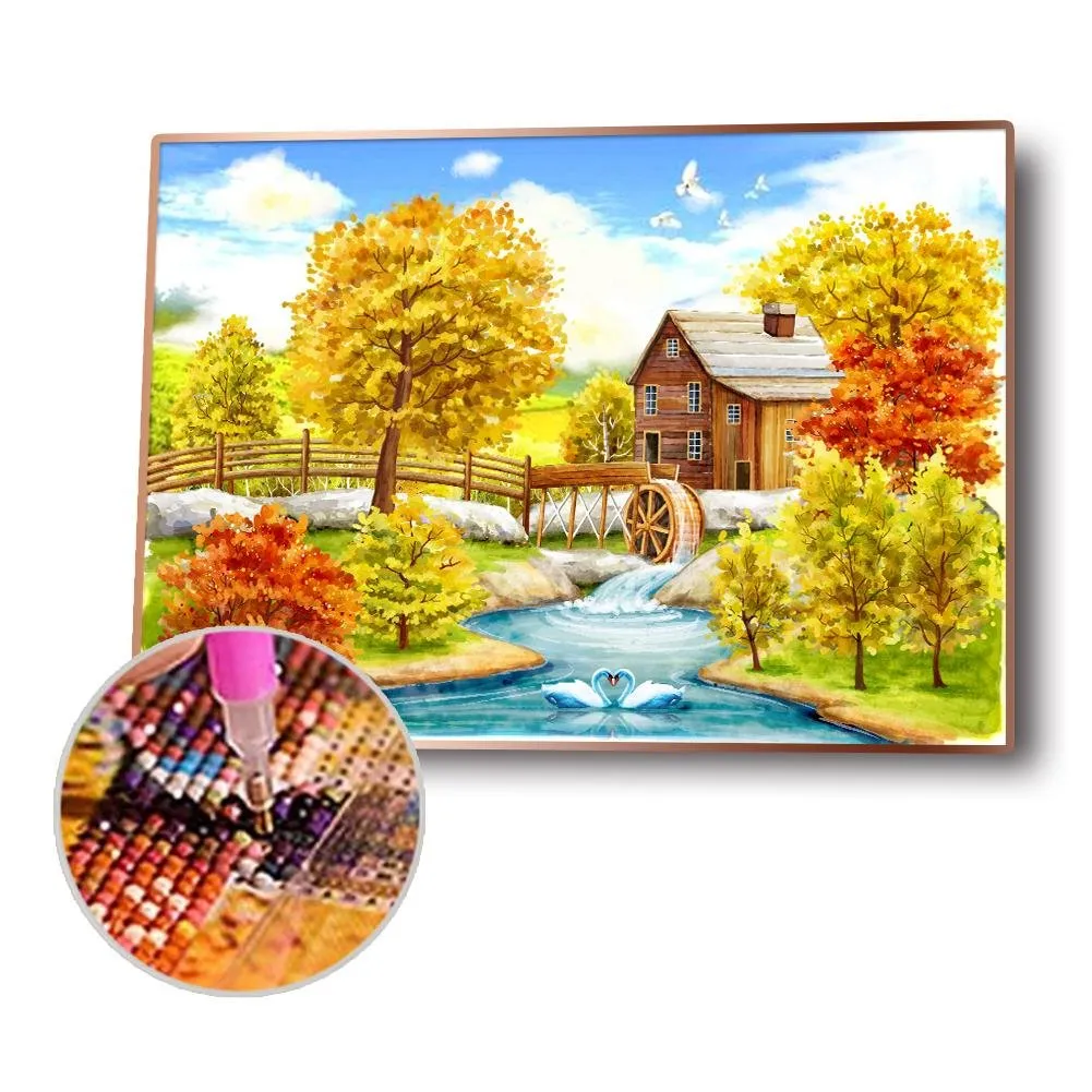 Autumn House River - Full Round Diamond - 30x40cm