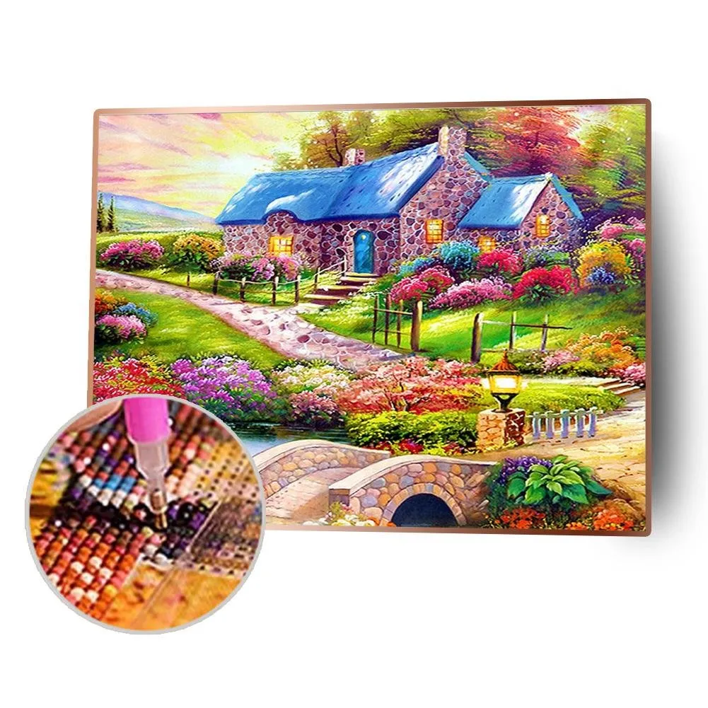 Blue House - 5D DIY Round Drill Diamond Painting (Canvas 50x40cm/19.69x15.71in )