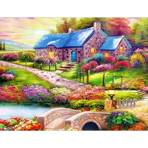 Blue House - 5D DIY Round Drill Diamond Painting (Canvas 50x40cm/19.69x15.71in )