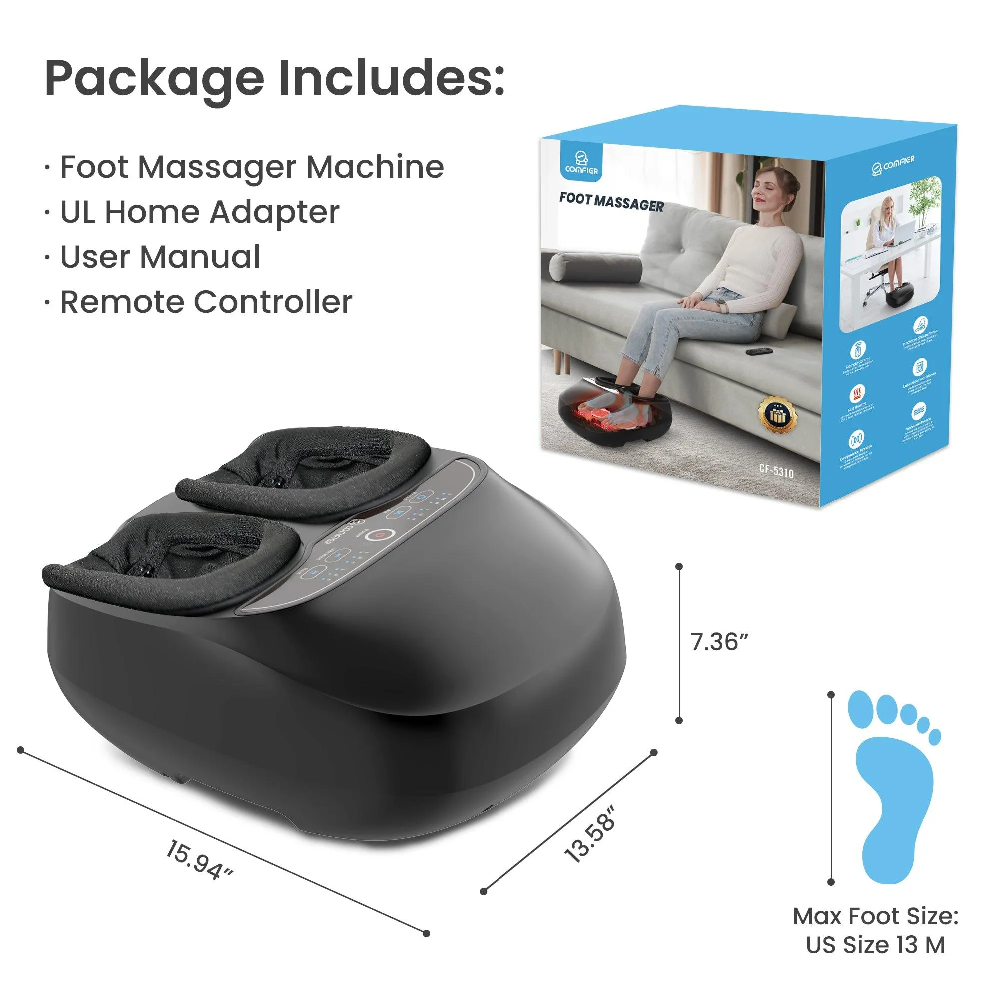 COMFIER Foot Massager Machine with Heat, Shiatsu Feet Massager for Plantar Fasciitis Neuropathy, Remote Control, Customizable Settings, Pause Function, UP to Men Size 13 - 5310