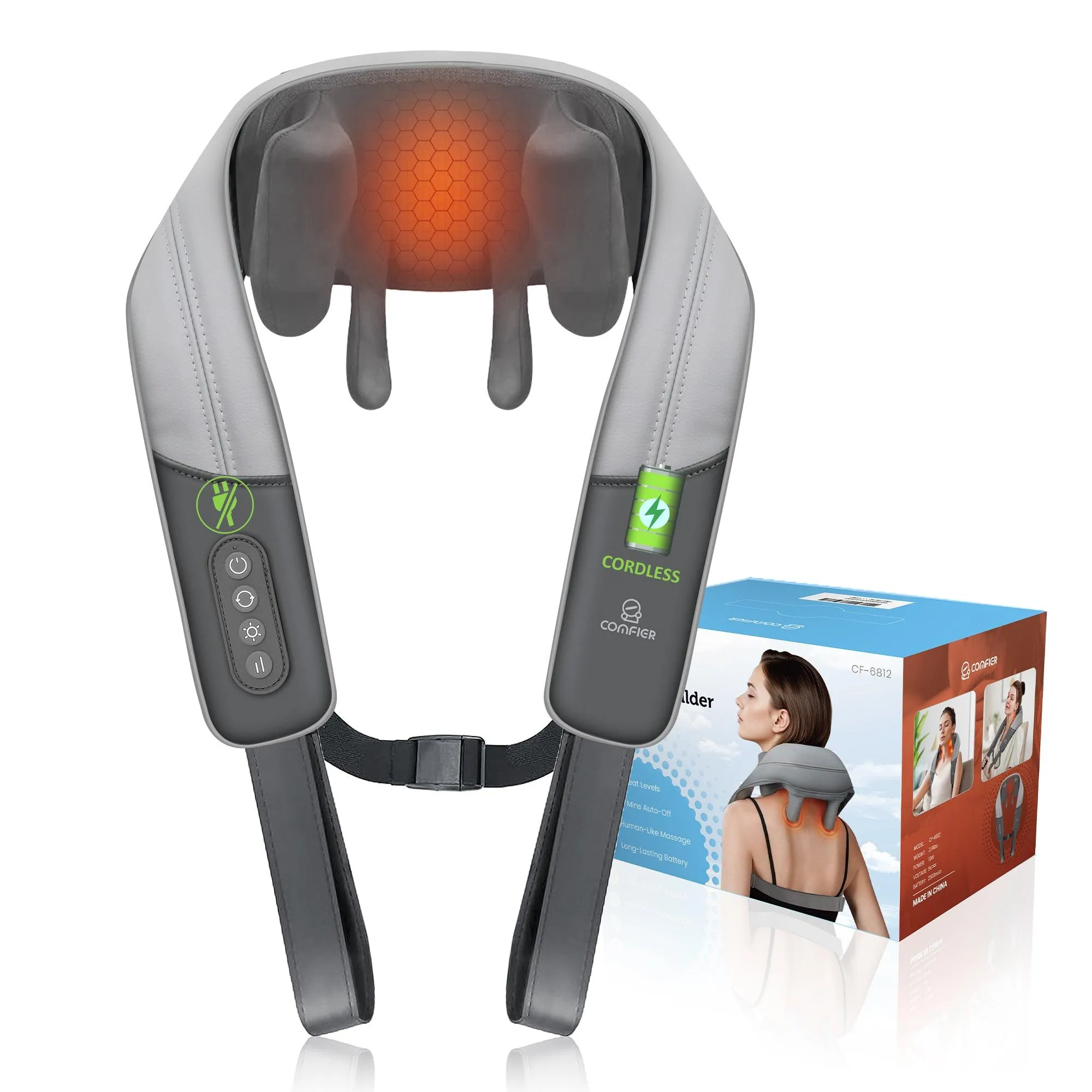 Comfier Neck Massager with Heat,Deep Tissue Kneading Massage Pillow for Back Neck And Shoulder Pain Relief CF-6812