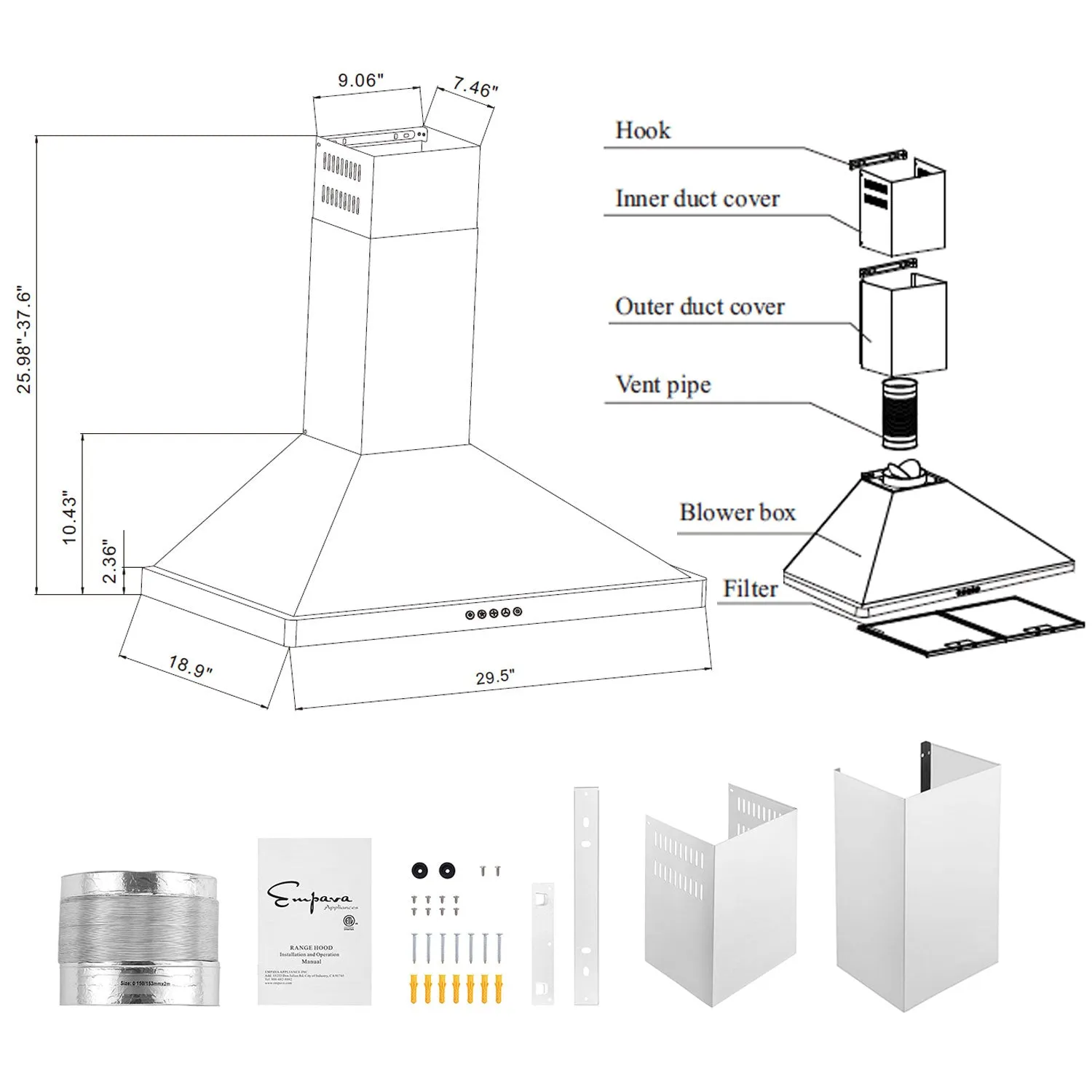 Empava 30RH05 30 in. 400 CFM Wall Mount Range Hood