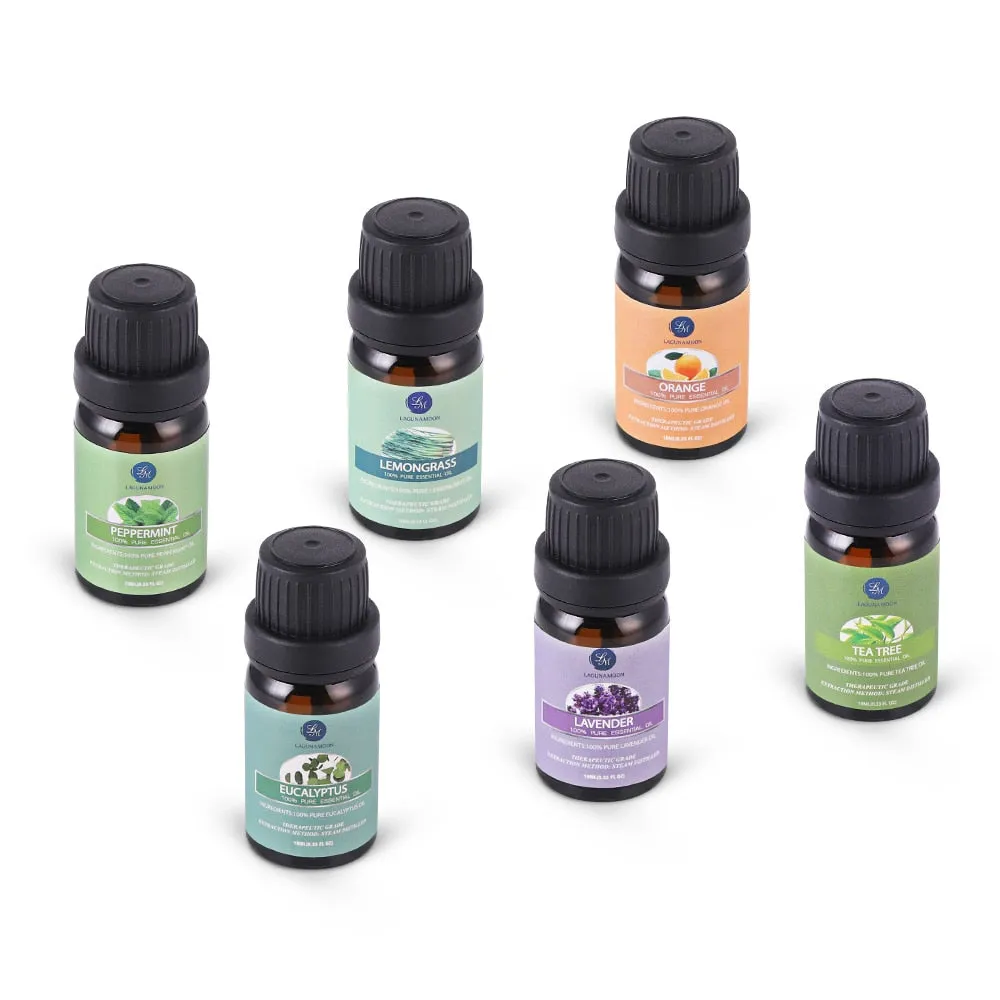 Lagunamoon Pure Essential Oils 10ML 6pcs Gift Set Humidifier Aromatherapy Eucalyptus Papermint Lemongrass Orange Tea Tree Oil