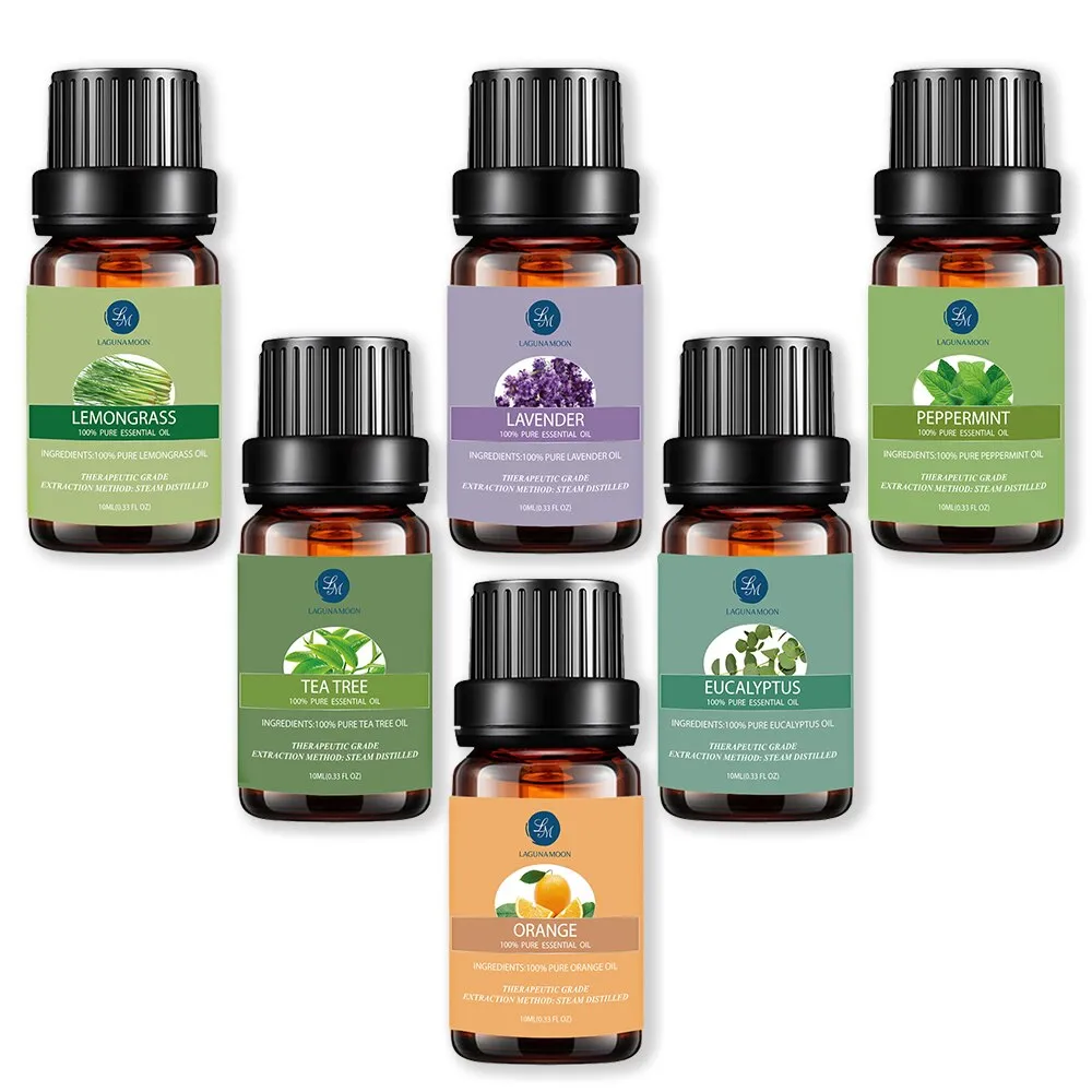 Lagunamoon Pure Essential Oils 10ML 6pcs Gift Set Humidifier Aromatherapy Eucalyptus Papermint Lemongrass Orange Tea Tree Oil