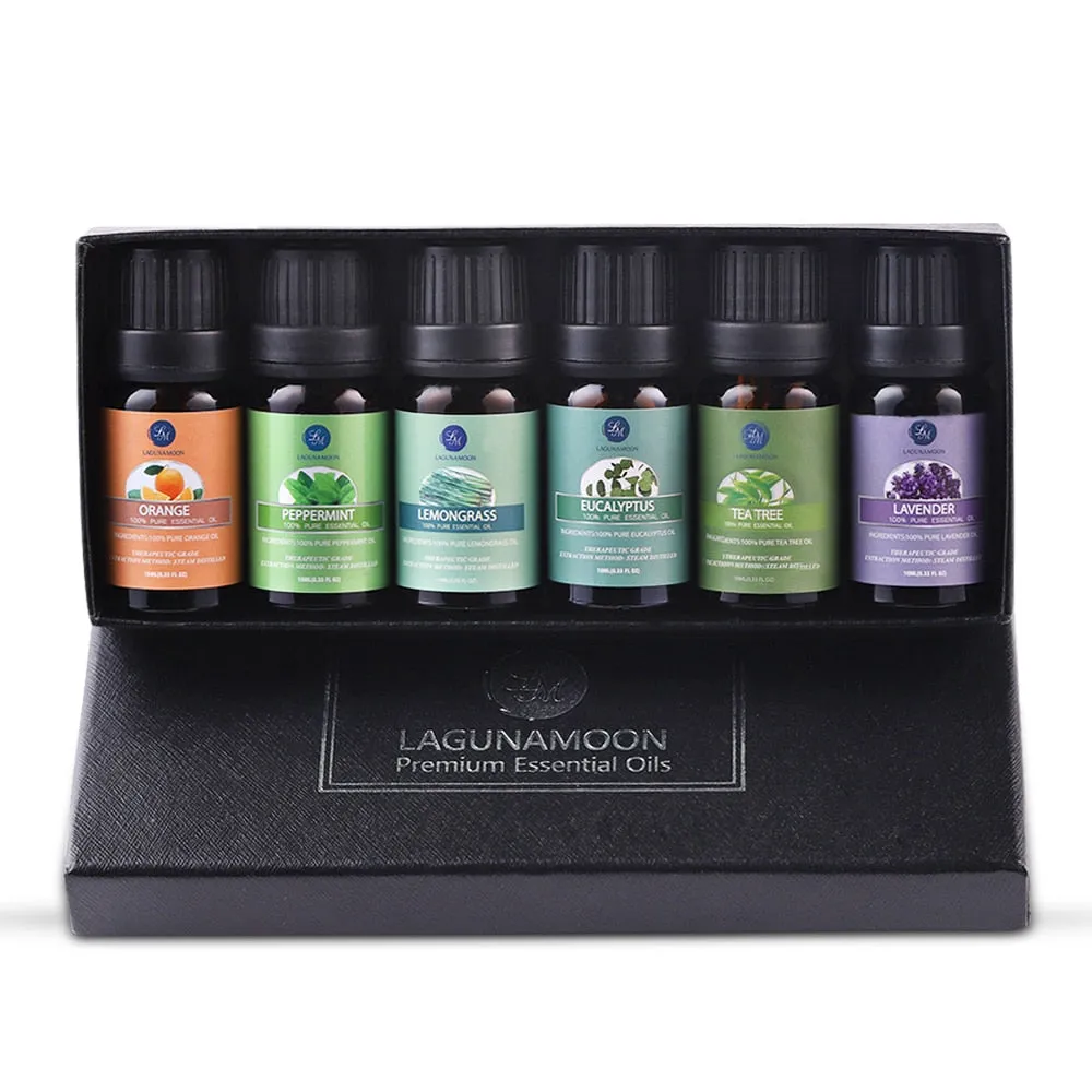 Lagunamoon Pure Essential Oils 10ML 6pcs Gift Set Humidifier Aromatherapy Eucalyptus Papermint Lemongrass Orange Tea Tree Oil