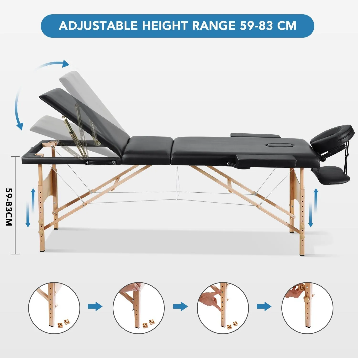 Massage Table Spa Bed Portable 3 Sections Wooden Legs with Face Hole Carrying Bag