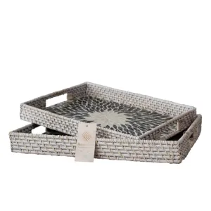 Rectangle Rattan Tray With Nacre Base- Blue Medium