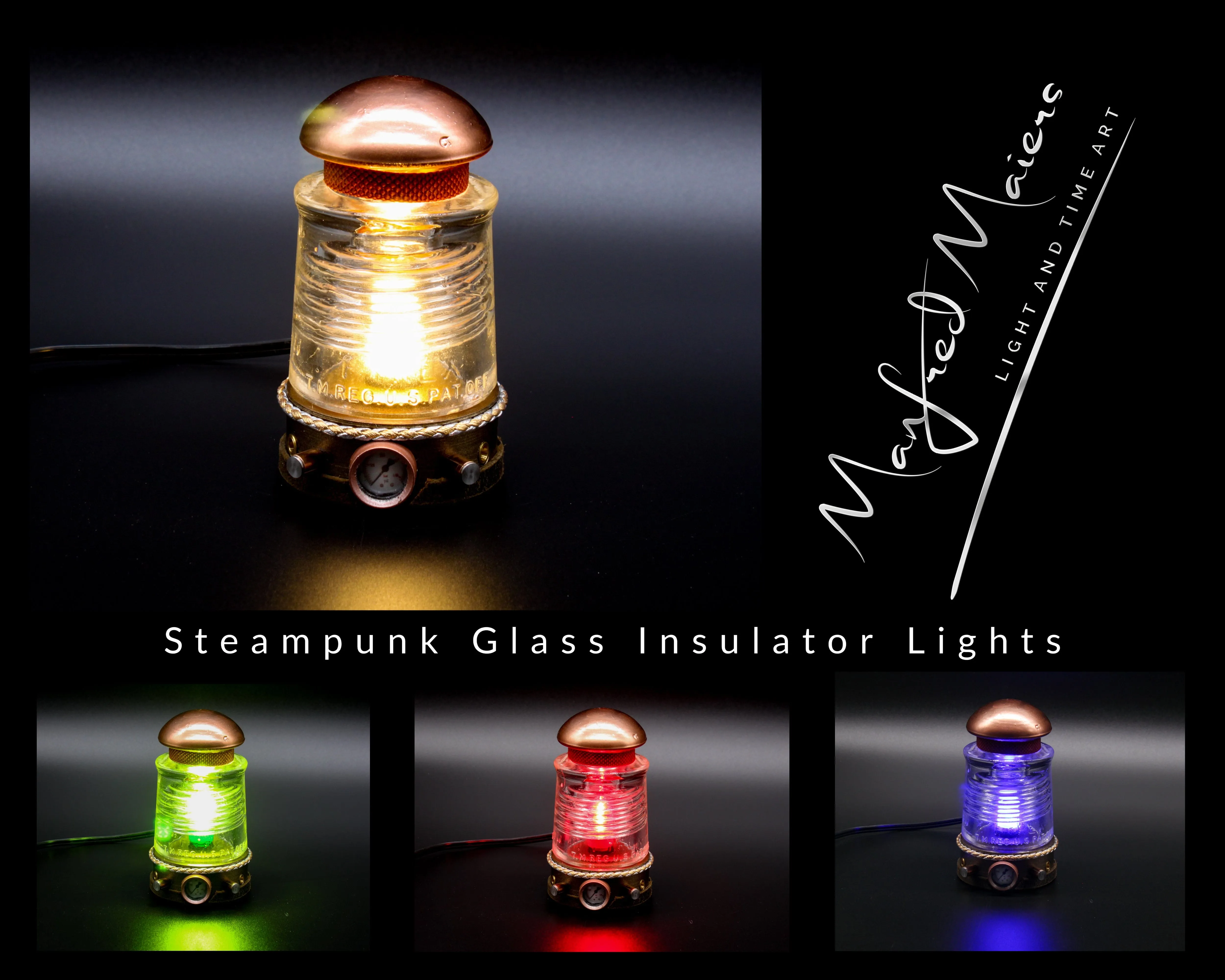 Steampunk Glass Insulator Lamp, Aluminum Base, PYREX C17, Industrial Lighting, Man Cave Deco, Neo Victorian Lamp design, Cyberpunk Lamp