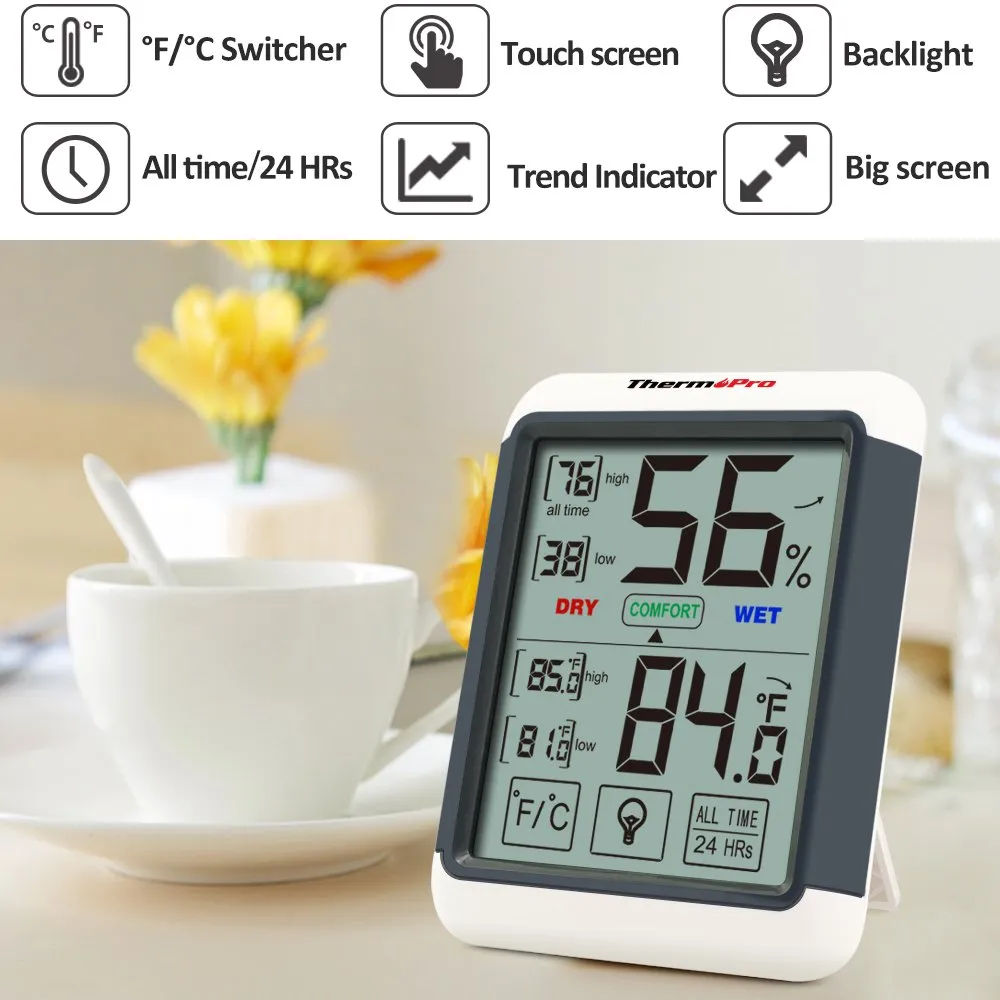 Thermopro TP55 Digital Hygrometer Thermometer Indoor Thermometer with Touchscreen and Backlight Humidity Temperature Sensor