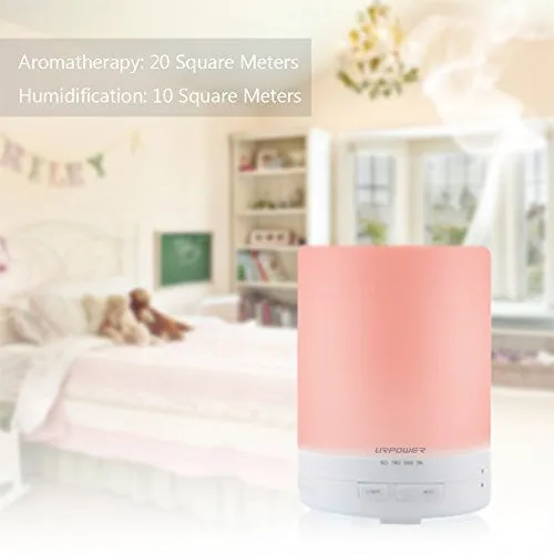 URPOWER 300ml Aroma Essential Oil Diffuser Ultrasonic Air Humidifier with AUTO Shut off and 6-7 HOURS Continuous Diffusing - 7 Color Changing LED Lights and 4 Timer Settings for Home SPA Baby Room