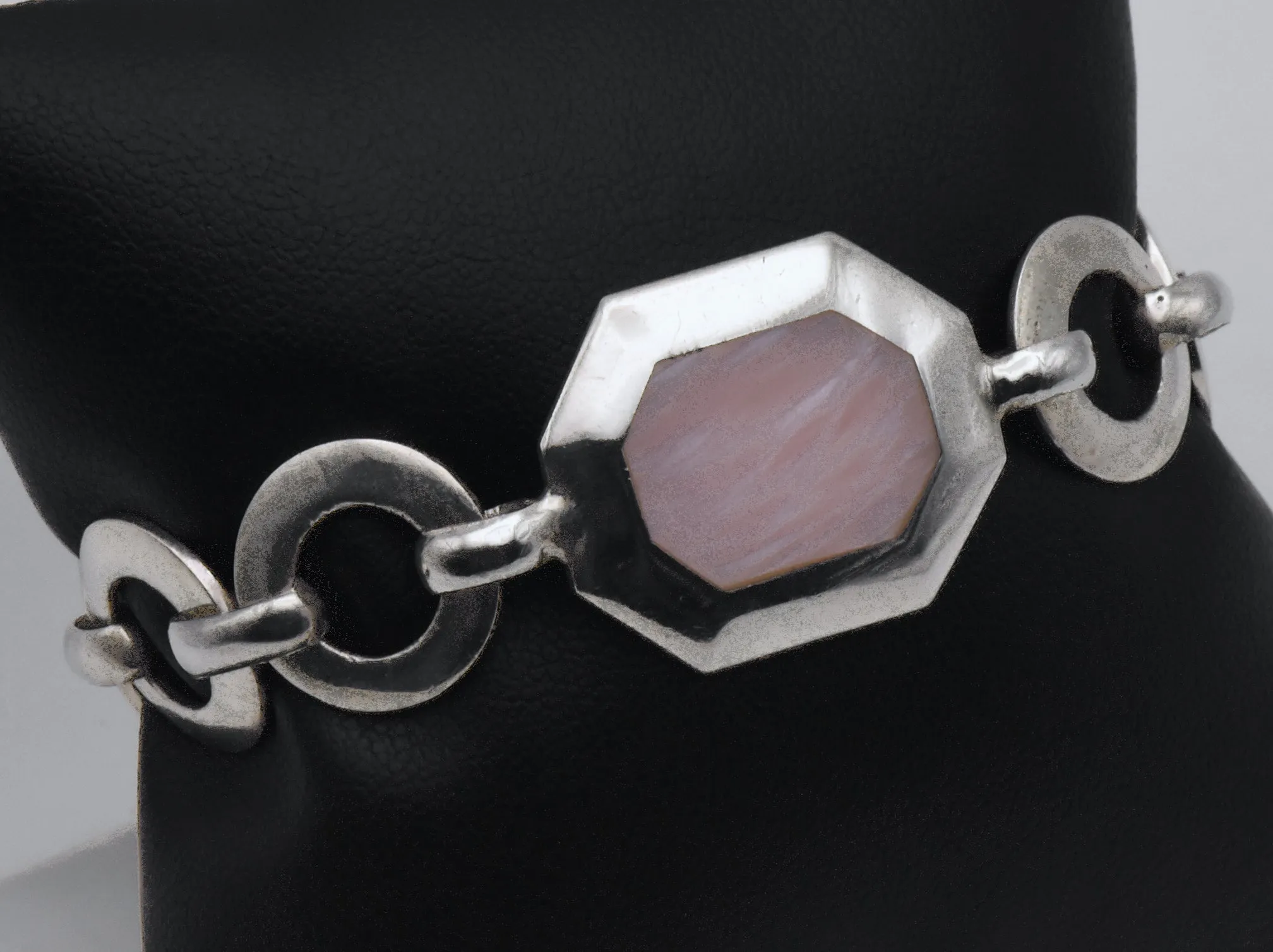 Vintage Sterling Silver and Pink Faux Mother of Pearl Link Bracelet - 7"